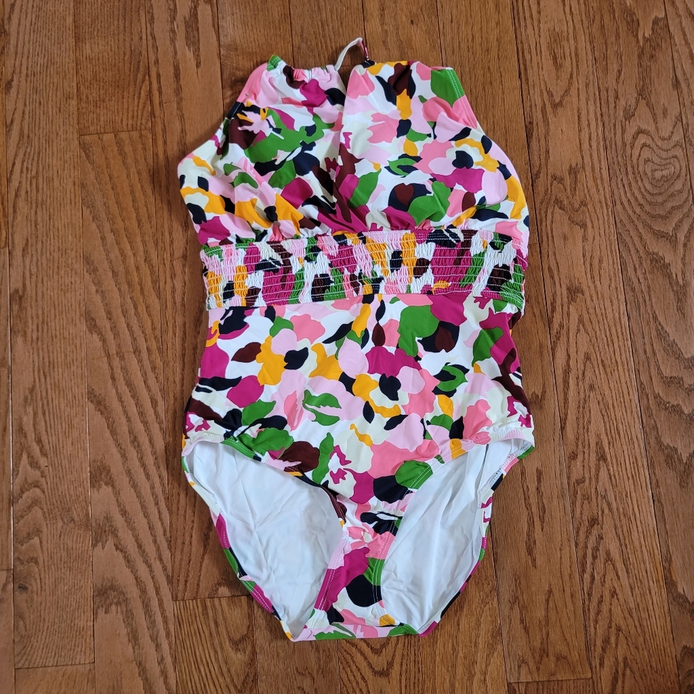Anne Cole Camo Petal High Neck Smocked One Piece Swimsuit Size 12